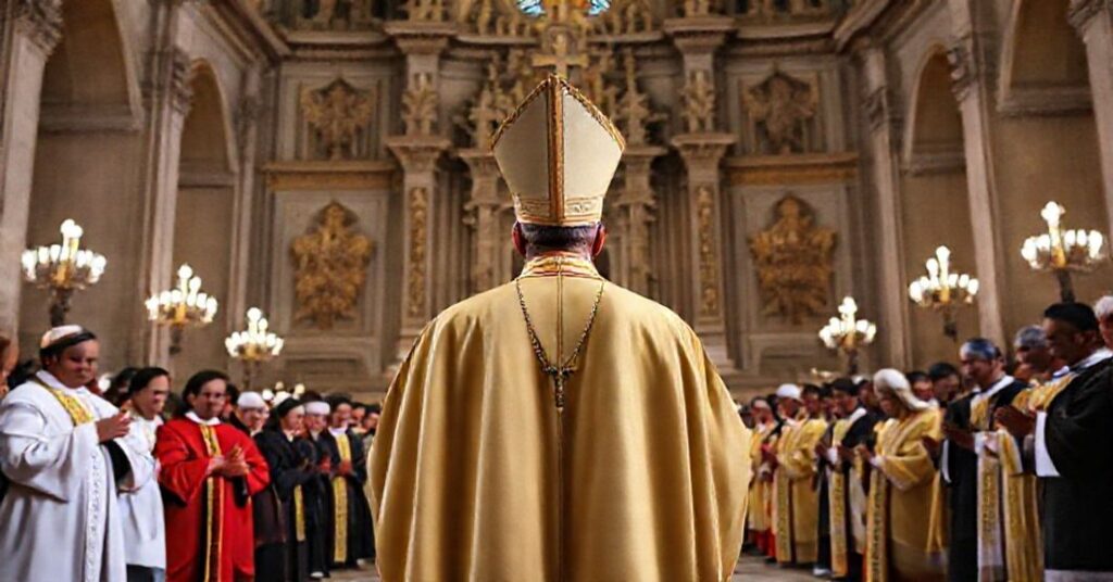Traditional Catholic bishop in pontifical vestments before an Argentine cathedral, symbolizing the shift from spiritual to naturalistic values in ecclesiastical diplomacy.