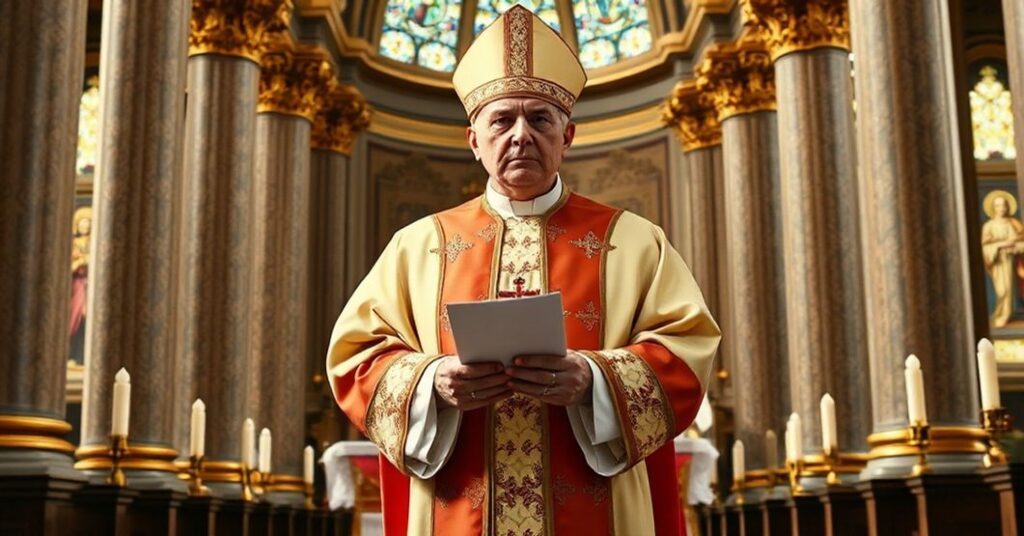 Traditional Catholic bishop in 1960s ecclesiastical vestments standing solemnly in the grand cathedral of Buenos Aires, surrounded by gold-ornamented columns and stained-glass windows depicting saints.