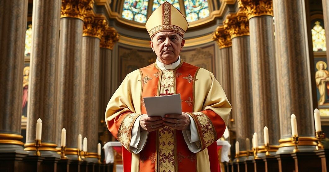 Traditional Catholic bishop in 1960s ecclesiastical vestments standing solemnly in the grand cathedral of Buenos Aires, surrounded by gold-ornamented columns and stained-glass windows depicting saints.