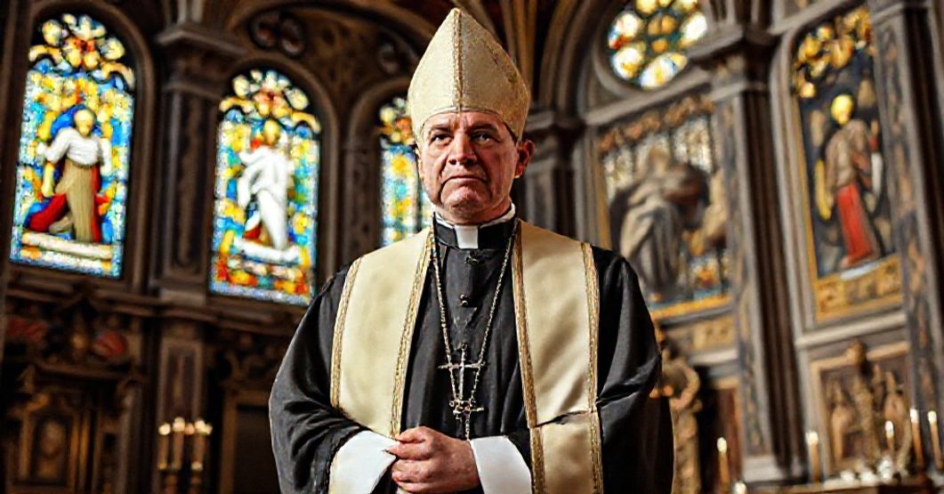 Traditional Catholic Bishop in Historic Basilica A traditional Catholic bishop in a historic Roman basilica, emphasizing reverence and the unchanging truths of the Catholic faith.