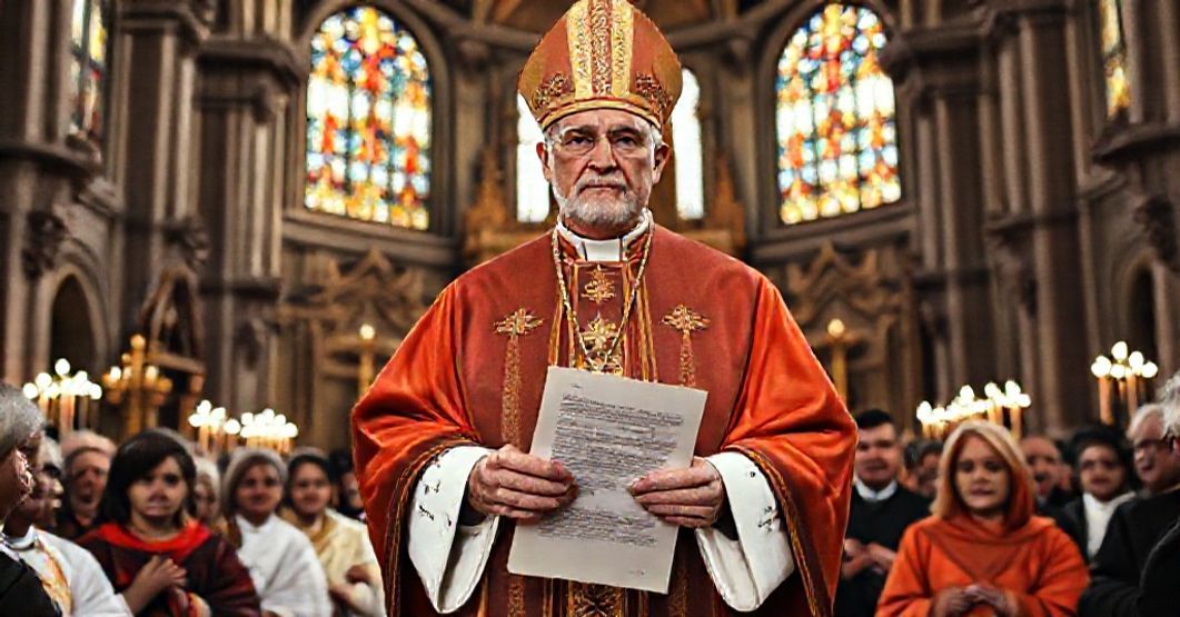 A traditional Catholic bishop in liturgical vestments stands solemnly in a historic Roman church, holding a letter from John XXIII, surrounded by devout laypeople engaged in traditional Catholic Action.