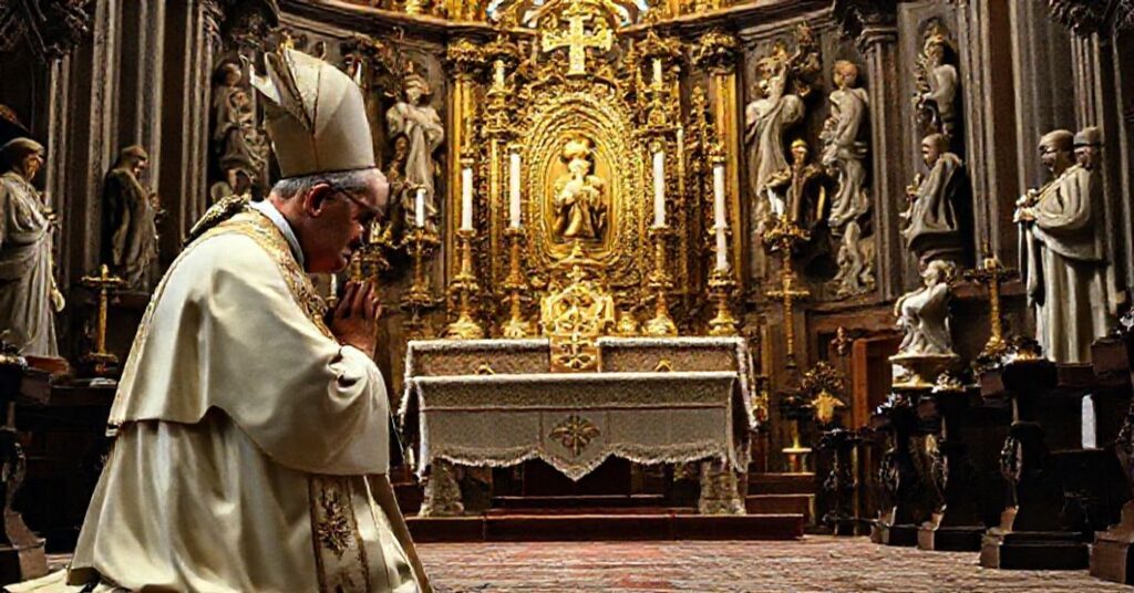 A Catholic bishop in traditional vestments praying before the Blessed Sacrament in a church adorned with saints and Eucharistic symbols.
