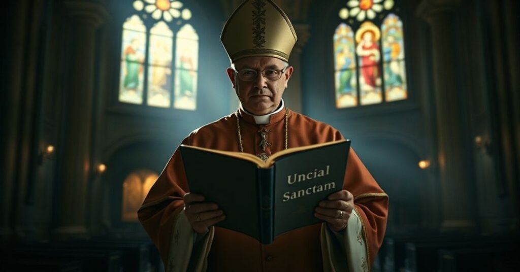 Traditional Catholic bishop in a basilica holding an open missal with 'Unam Sanctam', surrounded by shadows symbolizing the absence of Christ's Social Kingship.