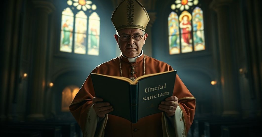 Traditional Catholic bishop in a basilica holding an open missal with 'Unam Sanctam', surrounded by shadows symbolizing the absence of Christ's Social Kingship.