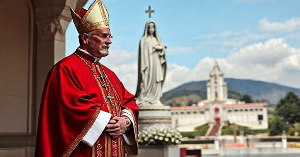 A solemn portrait of a traditional Catholic bishop before a statue of Our Lady of Fatima, reflecting deep Marian devotion and theological significance.