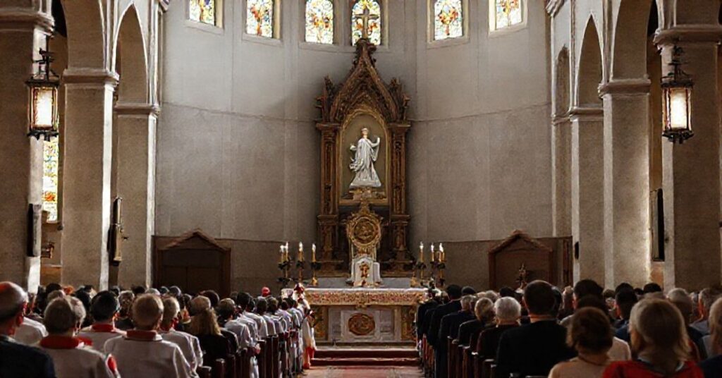 A group of reverent priests and laypeople gathered in a solemn Catholic church for a liturgical ceremony honoring Bishop Benedict Aloisi Masella and the public consecration to the Immaculate Heart of Mary.