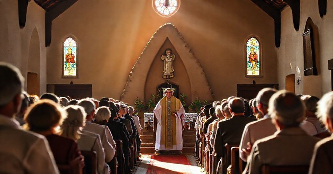A traditional Catholic ceremony honoring Saint John Bosco in the Diocese of Rivadavia, Argentina, with a reverent priest and devoted congregation in a historic rural church