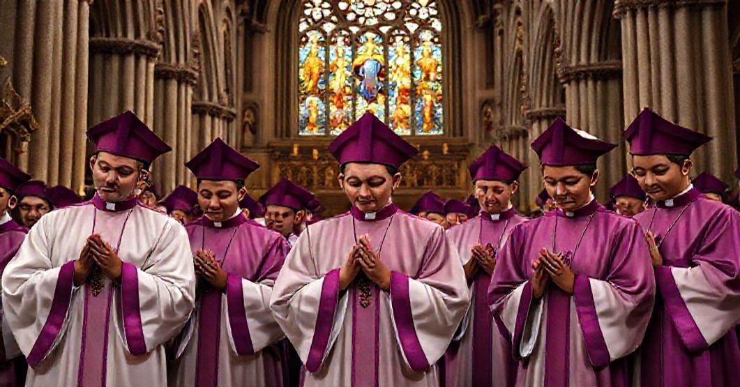 Traditional Catholic Chapter of Canons in Chihuahua Traditional Catholic chapter of canons in Chihuahua Cathedral praying solemnly in 1950s attire.