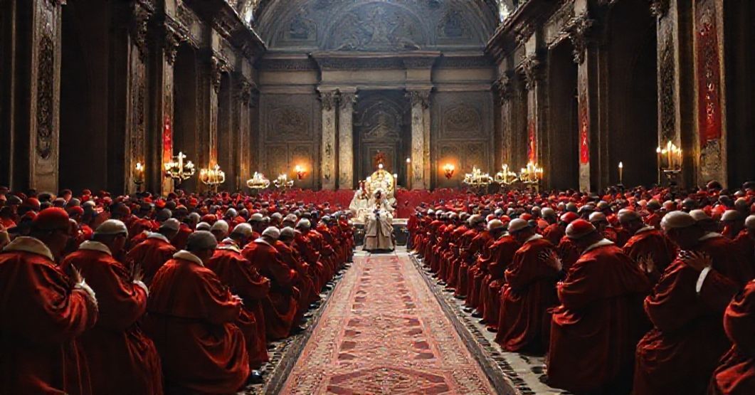 Traditional Catholic Conclave Scene A solemn traditional Catholic conclave scene with cardinals gathered in the Sistine Chapel voting for the next Pope.