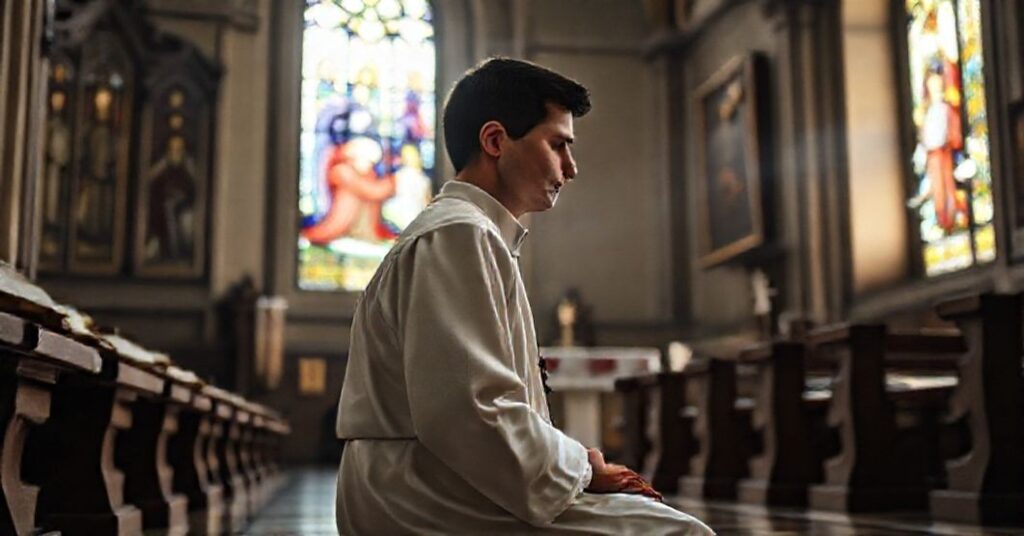A devout seminarian in traditional liturgical vestments kneeling in prayer before an altar in the Ignatian church in Rome.