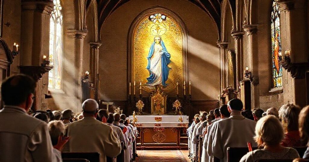 A traditional Catholic depiction of the Blessed Virgin Mary as the heavenly patroness of Oudtshoorn, with a solemn Latin Mass in a historic church.