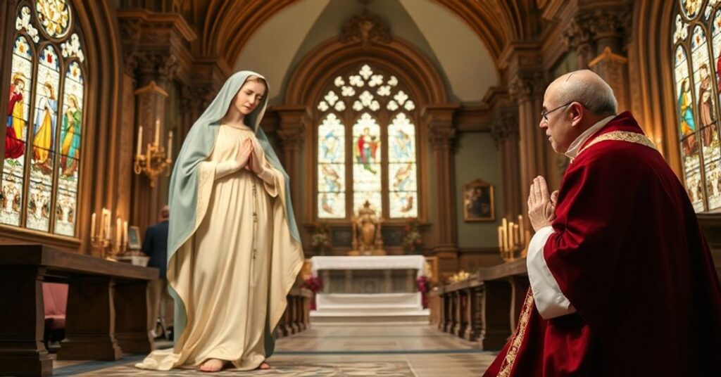 A reverent image of the Immaculate Virgin Mary and St. John Mary Vianney in a traditional Catholic church setting.
