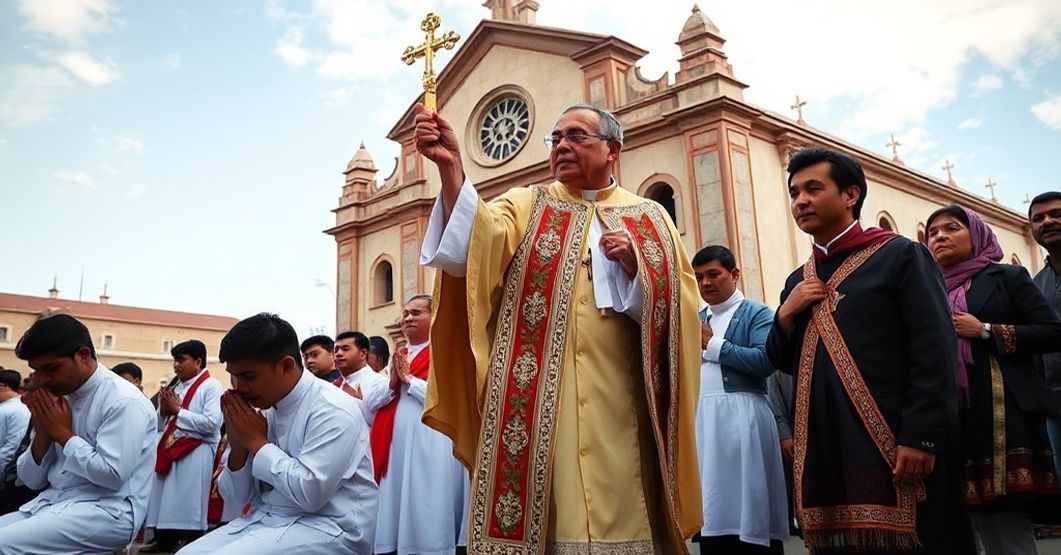 Traditional Catholic Eucharistic procession in Piura, Peru with Richard James Cushing kneeling in prayer, reflecting deep devotion and the Kingship of Christ.
