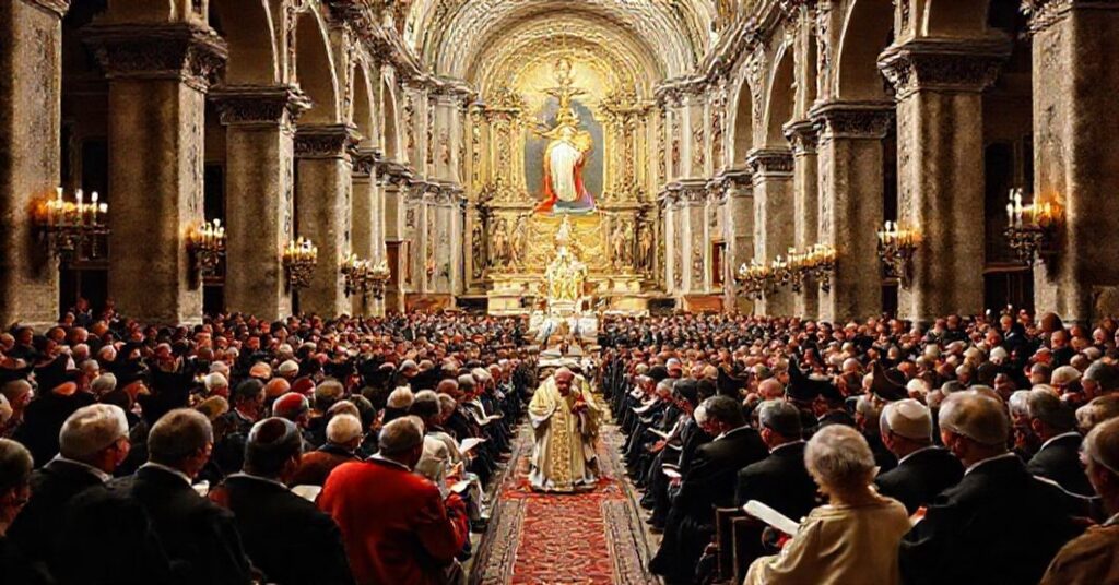 A reverent Catholic gathering in a historic church discussing Mariology under Pope John XXIII's guidance.