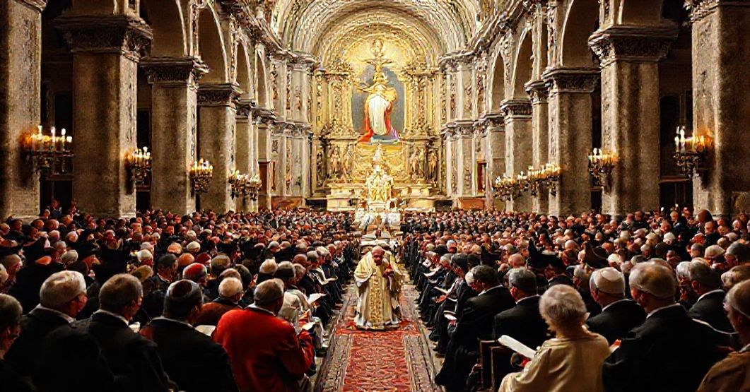 Traditional Catholic Gathering on Mariology A reverent Catholic gathering in a historic church discussing Mariology under Pope John XXIII's guidance.