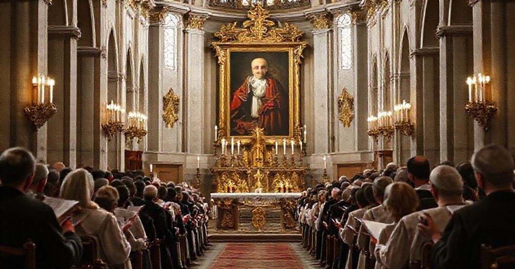 Traditional Catholic Liturgy with Gregorian Chant A reverent depiction of traditional Catholic liturgy with Gregorian chant in Latin, set in a grand basilica with a schola cantorum and an altar adorned with gold accents.