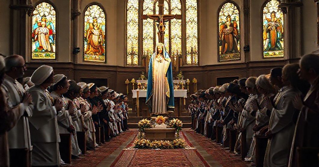 A solemn depiction of a Catholic church interior during May devotions, with a statue of Our Lady of the Rosary surrounded by kneeling faithful and clergy.