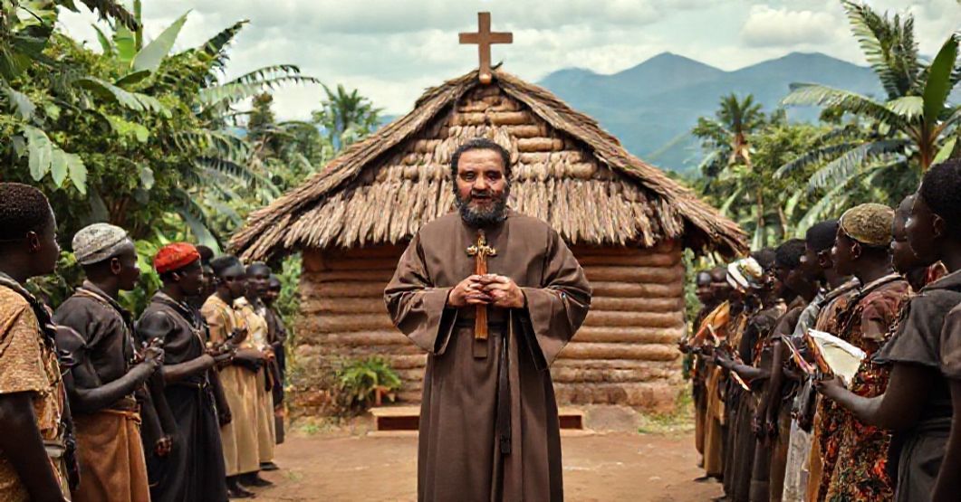 A Catholic missionary scene in New Guinea with a Capuchin friar and native converts, symbolizing traditional faith and orthodoxy.