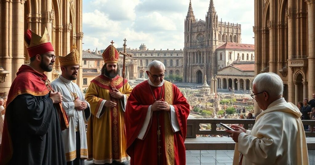 A reverent depiction of traditional Catholic missionaries in Lyon, France, highlighting the martyrs Pothinus and Irenaeus, Pauline Jaricot in prayer, and the city's rich Christian heritage.