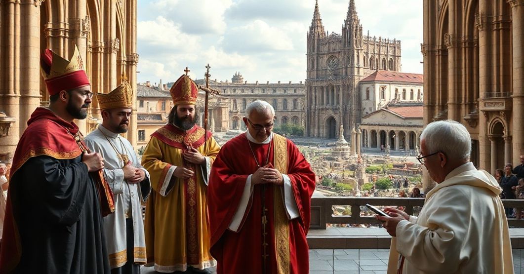 A reverent depiction of traditional Catholic missionaries in Lyon, France, highlighting the martyrs Pothinus and Irenaeus, Pauline Jaricot in prayer, and the city's rich Christian heritage.