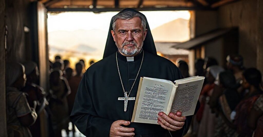 A traditional Catholic missionary in a black cassock stands at the entrance of a modest church, holding an open copy of the 1959 encyclical 'Princeps Pastorum' and blessing local people in a developing region.