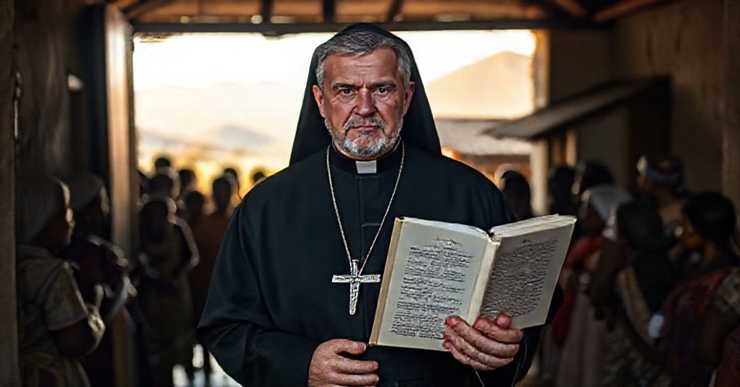 A traditional Catholic missionary in a black cassock stands at the entrance of a modest church, holding an open copy of the 1959 encyclical 'Princeps Pastorum' and blessing local people in a developing region.