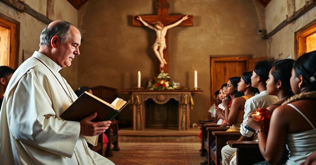 Traditional Catholic missionary praying in a rustic mission church surrounded by indigenous converts.