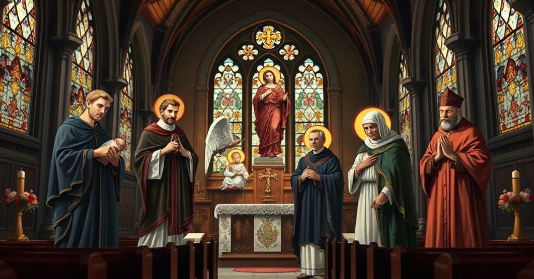 Traditional Catholic Patrons of Toluca - Resistance Against Modernism Diocese of Toluca with patron saints Joseph, Michael the Archangel, Francis of Assisi, John Mary Vianney, and Isidore the Farmer in a traditional Catholic church setting.