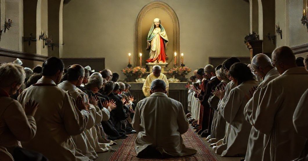 A reverent scene depicting traditional Catholic penance and prayer in response to Pope John XXIII's 'Paenitentiam agere' encyclical.