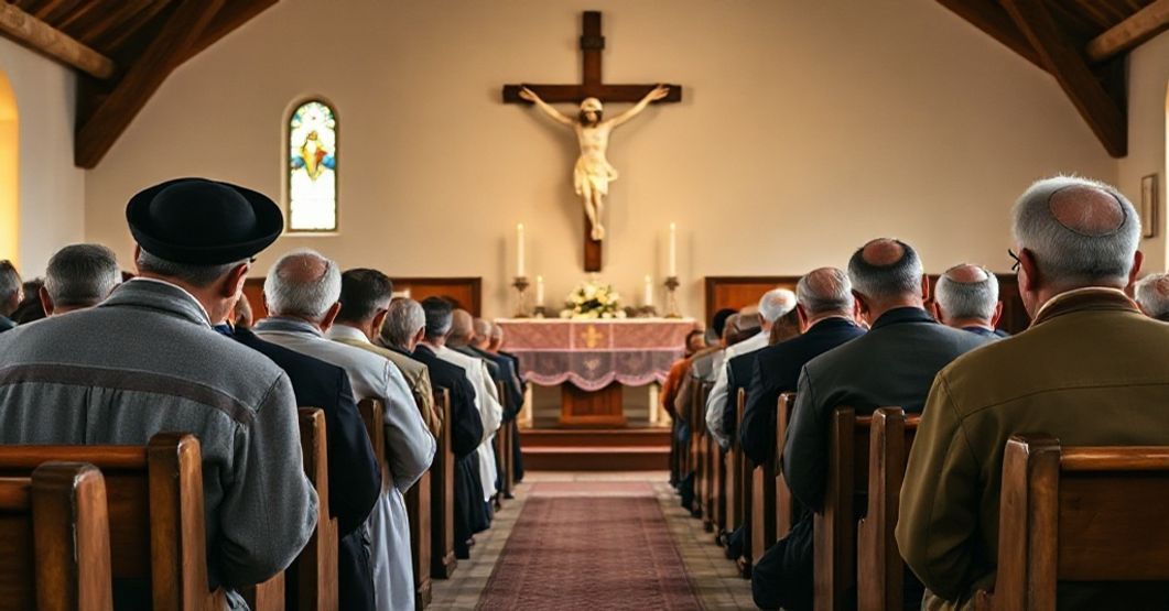 A group of devout farmers kneeling in prayer before a crucifix in a rustic church during Passiontide, reflecting traditional Catholic piety and the themes discussed in John XXIII's 1962 address to the Italian Confederation of Direct Farmers.