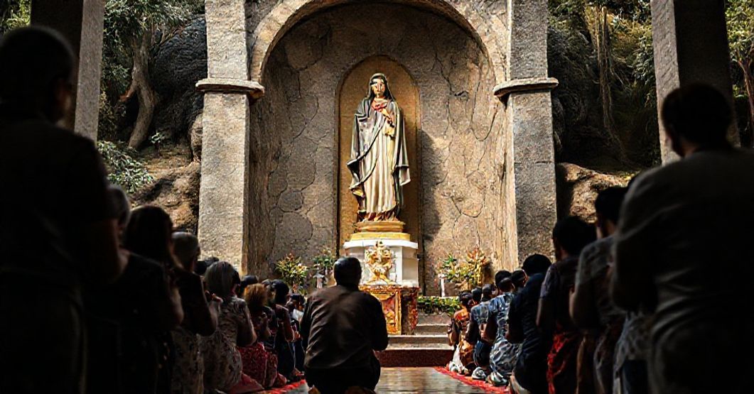 Pilgrims praying at the shrine of the Madonna di Caravaggio in the Diocese of Caxias, Brazil.