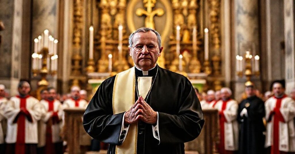 A traditional Catholic priest in prayer before an altar in St. Peter's Basilica during the Roman Synod session.