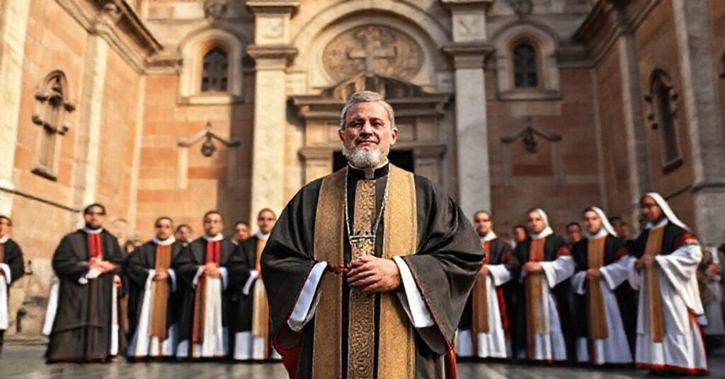 Traditional Catholic priest in liturgical vestments standing in front of the historic Teutonic College of Santa Maria dell'Anima in Rome, surrounded by seminarians.