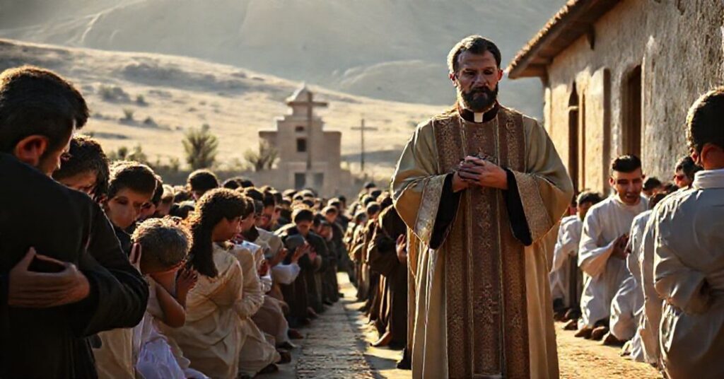 A priest leading a procession in honor of St. John Bosco in the Diocese of Rivadavia, symbolizing traditional Catholic devotion and the fight against modernist errors.