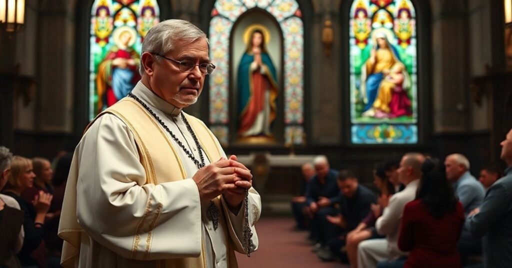 A priest and faithful praying the Rosary in a traditional Catholic church setting with a statue of the Blessed Virgin Mary and stained-glass windows depicting Rosary mysteries.