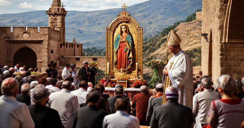 A traditional Catholic scene at the mountaintop sanctuary of Our Lady de la Cabeza in Jaén, Spain. Clergy and faithful gather in reverent prayer around the medieval image of the Blessed Virgin, adorned with a rich diadem.