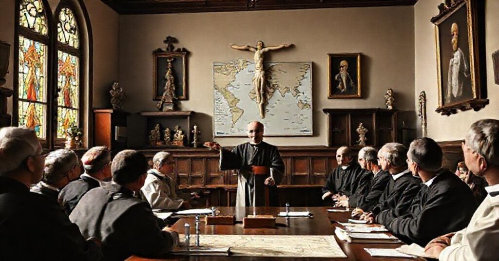 Traditional Catholic seminary classroom in Rome, 1962, with seminarians studying under a professor's guidance.