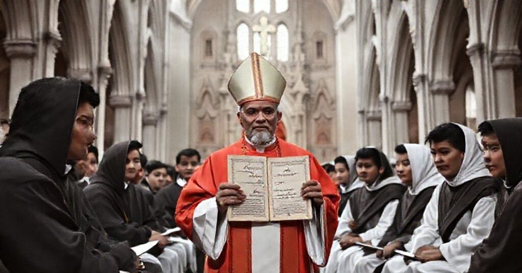 Traditional Catholic seminary in the Philippines 1961 with seminarians and bishop under neo-gothic cathedral.
