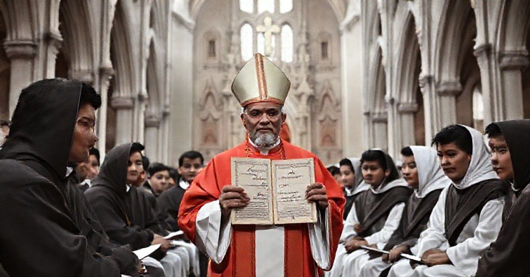 Traditional Catholic seminary in the Philippines 1961 with seminarians and bishop under neo-gothic cathedral.