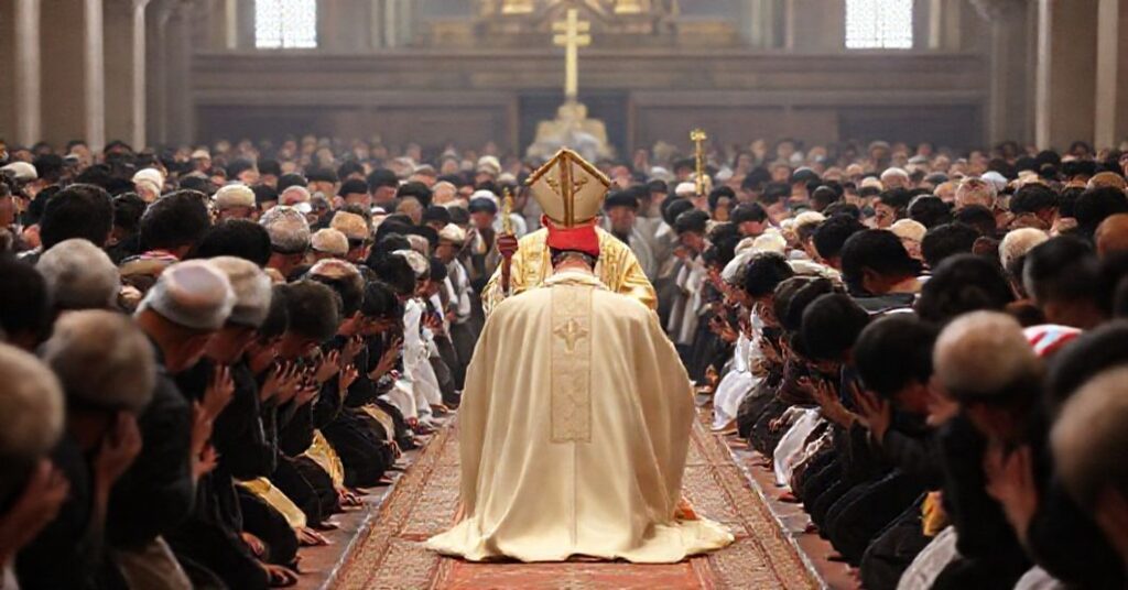 A traditional Catholic Eucharistic Congress in Bolivia with Bishop Luis Rodríguez Pardo leading devotion before the Blessed Sacrament.