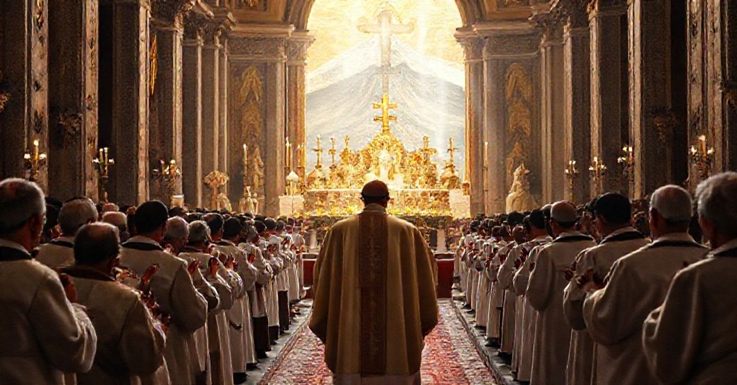 Cardinal Marcello Mimmi at a traditional Eucharistic Congress in Catania, Italy, with clergy and faithful in reverent prayer before a grand altar adorned with martyrs' relics.