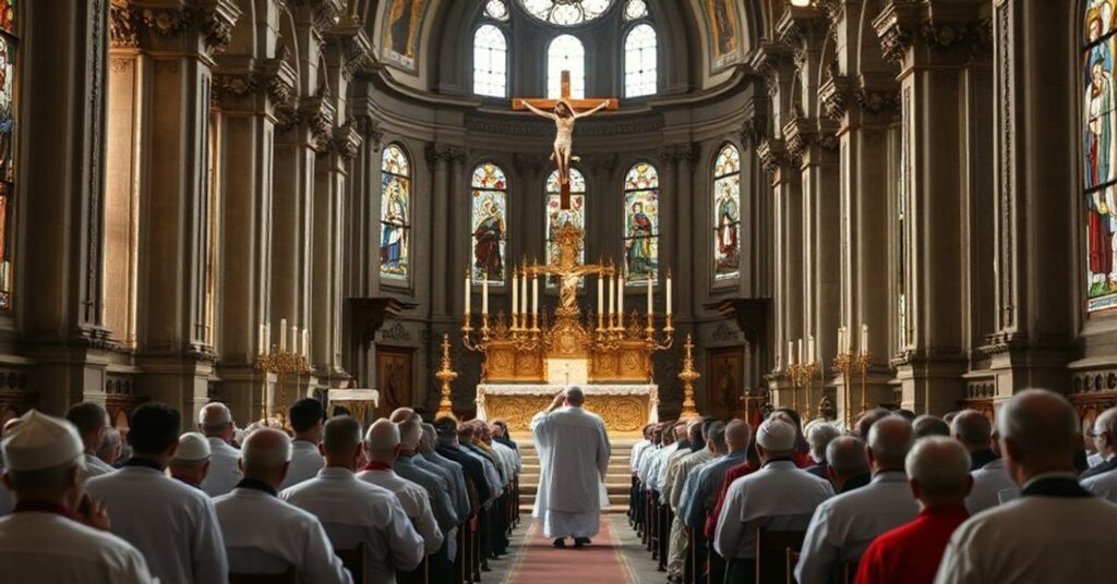 Traditional Catholic Mass with priest elevating the Host during Consecration in a historic Roman church.