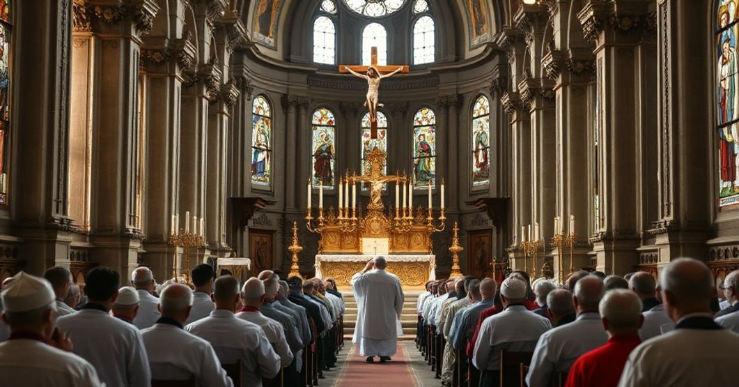 Solemne Msze Święte w Tradycyjnym Rytmie Rzymskim Traditional Catholic Mass with priest elevating the Host during Consecration in a historic Roman church.