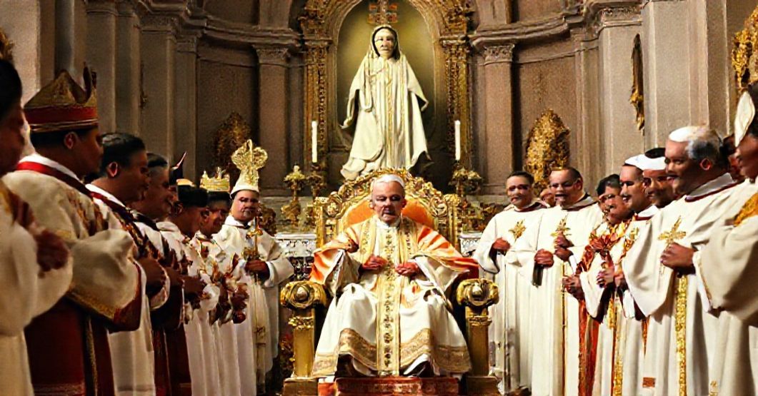 Traditional Marian Devotion in the Diocese of Sonsón Traditional Catholic scene depicting Pope Pius XII and Marian devotion in the Diocese of Sonsón, emphasizing the social Kingship of Christ and traditional Catholic orthodoxy.