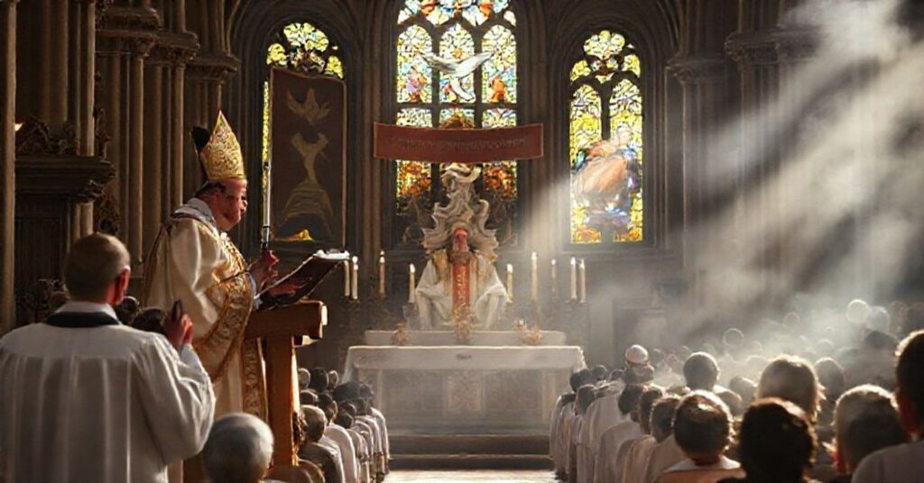 A traditional Catholic Pentecost celebration in a historic European church with priests in liturgical vestments and a bishop delivering a radio address.