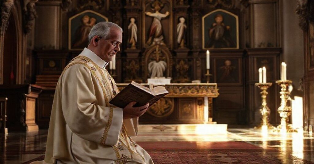A traditional Catholic priest kneeling in prayer before an ornate altar in a richly adorned chapel, reflecting on the sacrament of absolution and the teachings of the Roman Catechism.
