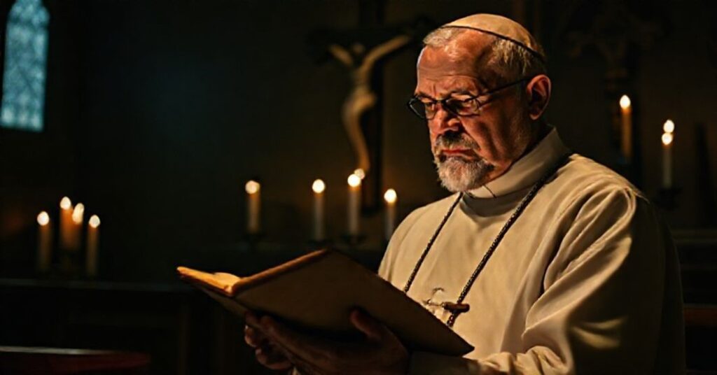A traditional Catholic priest reciting the Divine Office in a dimly lit chapel, reflecting the solemnity and historical weight of traditional liturgical piety.