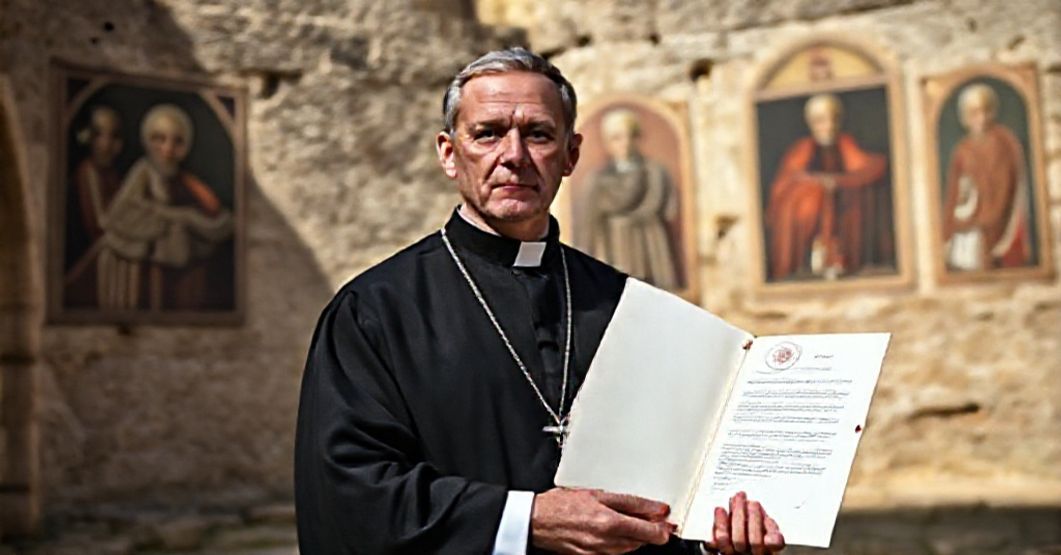 A traditional Catholic priest holding a letter from Pope John XXIII in the ruins of a medieval abbey in Avignon, reflecting on the conflict between tradition and the conciliar upheaval.