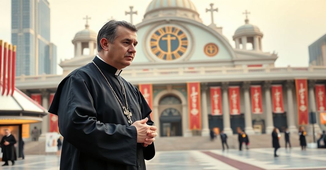 A traditional Catholic priest stands solemnly in front of the New York World's Fair pavilion dedicated to the Apostolic See, reflecting on the contrast between timeless faith and modern worldliness.