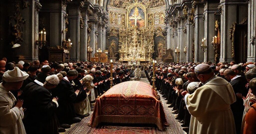A solemn Catholic ceremony transferring St. Pius X's relics from St. Peter's Basilica to the Basilica of St. Mark in Venice, with John XXIII's legate overseeing.
